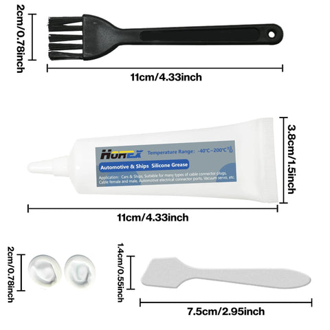 Horex automotive dielectric grease kit: 1x 20g tube, 1x brush, 1x spatula, 2x silicone plugs