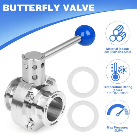2-inch stainless steel 304 butterfly valve with tri-clamp ends and blue pull-handle, includes gaskets