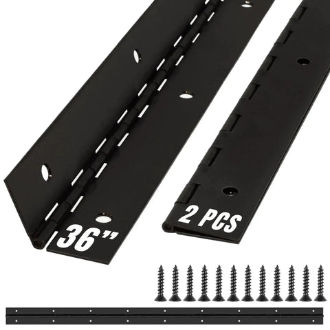 36 Inch Matte Black Continuous Piano Hinge Stainless Steel 304 2 Pack with screws shown in close-up view