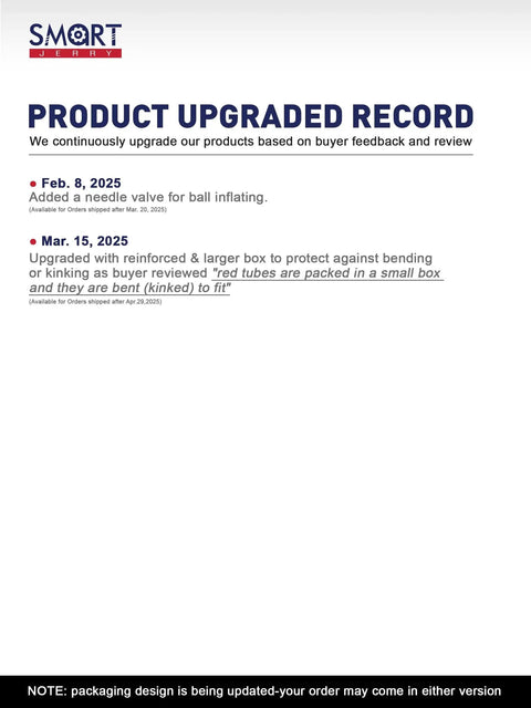 Product upgrade record showing updates for ball inflating needle valve and reinforced box packaging from SMART PlENFY.