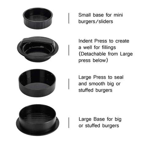 Components of 3 In 1 Nonstick Burger Press For Stuffed Patties, Sliders And Regular Burgers, Detachable Indent Press For Filling