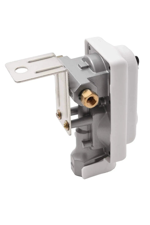 Side view of Two Stage Auto Changeover Propane Gas Regulator For RVs Vans And Trailers with seamless tank switch and inlet/outlet ports.