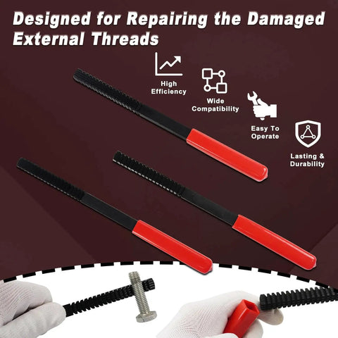 Thread Restorer File Set For Metric And SAE Chaser Files In High Carbon Steel, 3-piece set with red handles, for repairing threads