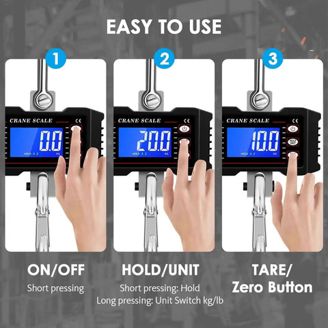 1000Kg Heavy Duty Crane Scale With Backlit LCD Digital Hanging Scale showing buttons for On/Off, Hold/Unit, and Tare functions.