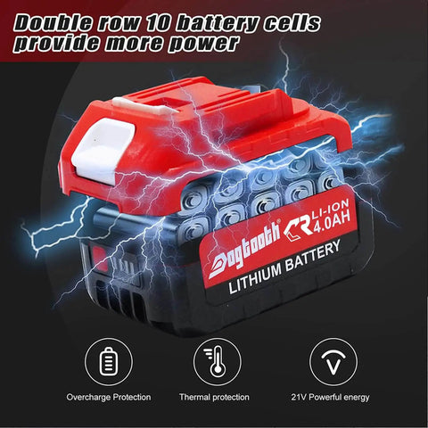 Lithium battery with double row 10 cells, overcharge and thermal protection, provides 21V power, red and black color.