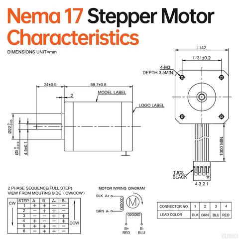 Technical diagram of Nema 17 stepper motor dimensions and wiring for 10 Pack Nema 17 Stepper Motors for DIY Makers and CNC Builders