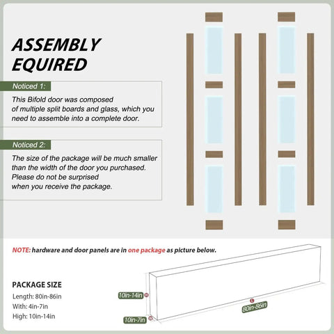 Assembly diagram for Double 15x84 Frosted Glass Barn Door Set In Brown Finish Sliding Bifold Closet Doors With Hardware Kit