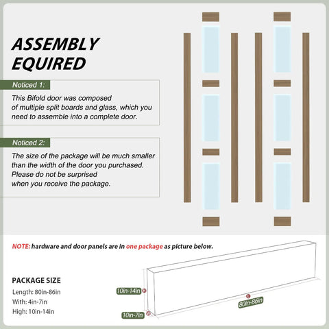 Assembly instructions and packaging details for Double 18x84 Frosted Glass Bifold Barn Door Set With Hardware Kit Included, 36x84.