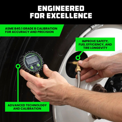 Rhino USA digital tire pressure gauge with glow dial and braided hose, used on a car tire valve