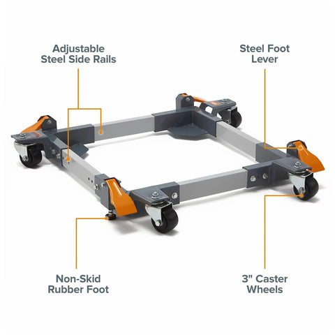 Heavy Duty Mobile Base For Table Saws And Power Tools With Omni Directional Caster Wheels And Universal Tool Stand, 1500 Lb Capacity, PM 3550, Bora Portamate shown with adjustable steel side rails and foot lever.