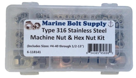 316 Stainless Steel Hex Nut Assortment Kit For Marine Hardware And Boat Repair in clear storage case