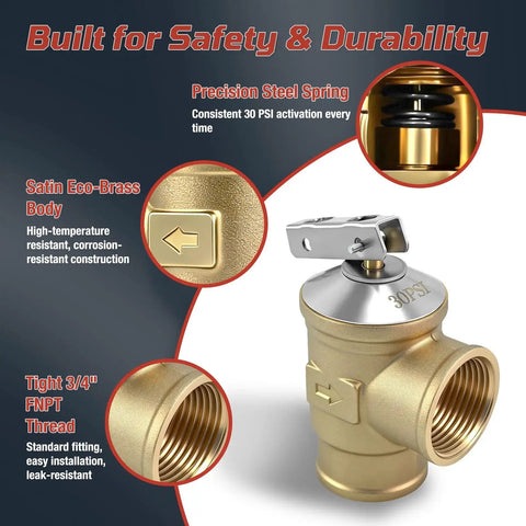 3/4 Inch FNPT Female Inlet And Outlet Automatic 30 PSI Pressure Relief Valve For Hot Water Boilers And Hydronic Heating Systems Durable Lead Free Brass Up To 510000 BTU Easy Replacement For Residential And Light Commercial Installations showing satin brass body and 3/4" FNPT thread.