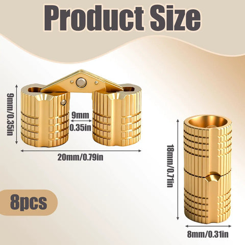 8mm Sleek Dope Hidden Brass Barrel Hinges Set With 180 Degree Opening, shown in detailed product size illustration