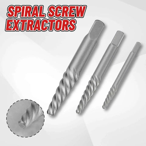 14 Piece Screw Extractor Set Heavy Duty With Left Hand Drill Bits For Removing Stripped Screws And Broken Bolts Made From 35Cr-Mo And 6542 HSS Steel Cobalt Easy Out Kit With Spiral Extractors For Quick Hassle Free Repairs, showing three spiral extractors.