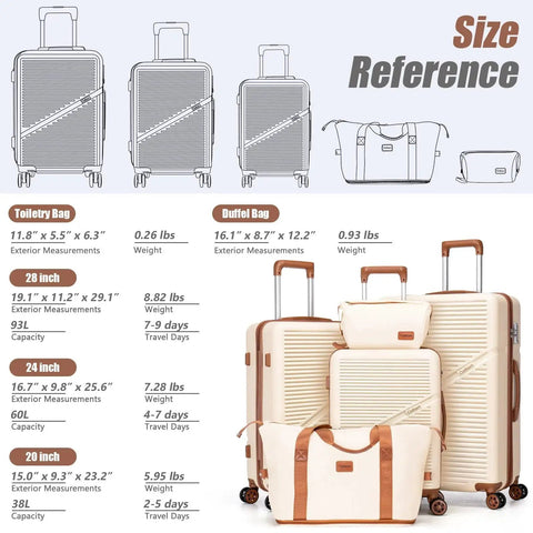 Five Piece ABS Luggage Set With Spinner Wheels And TSA Lock, Includes 28 Inch Large Suitcase, 24 Inch Medium Checked Case, 20 Inch Carry On, Plus Duffel Bag And Toiletry Bag with size reference