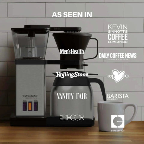 8-Cup Thermal Coffee Maker With Auto Drip Pour Over Design, stainless steel and black, on kitchen counter