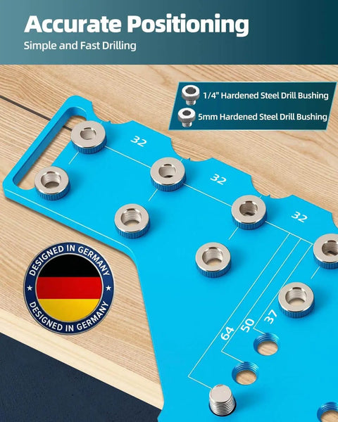 2-In-1 Cabinet Jig With 11-Hole Shelf Pin Guide And Concealed Hinge Drilling Template showing steel drill bushings on a wood surface