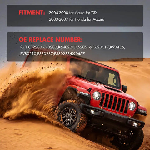 Automotive suspension kit product image; red off-road SUV in a front-three-quarter view kicking up desert sand.