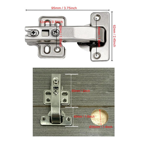 Close-up of 4 Pack Lazy Susan Cabinet Hinges 90 Degree Concealed Hydraulic For Corner Cabinets With Full Coverage And Adjustable Installation Easy Mount DTC 90 Degree Hinge JinBoCheng shown with measurements.