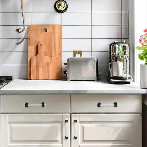 Kitchen cabinets with Crystal Clear T Bar Cabinet Pulls 5 Pack For Kitchen And Furniture, 3.8 Inch Hole Centers installed.