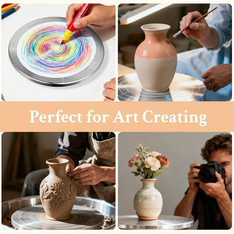 Four images showing the Pro Pottery Wheel For Ceramics By Yncotte in art use: drawing, painting, pottery shaping, and showcasing.