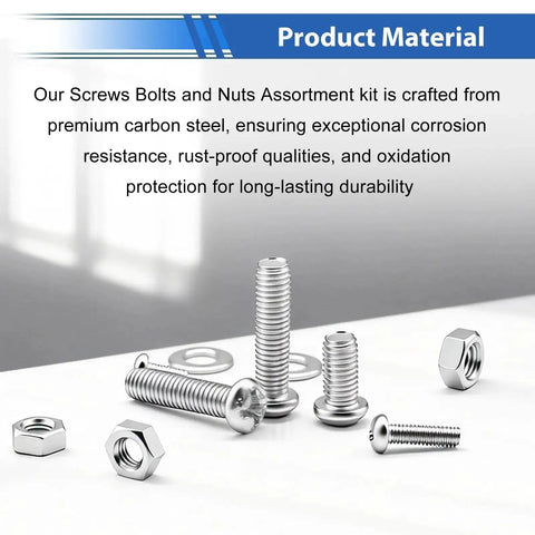 495 Pcs SAE And Metric Nuts And Bolts Kit With 26 Sizes M3 M4 M5 To 10 To 24 Pan Head Fasteners And Washers Material Display
