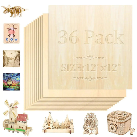 36 Pack Basswood Sheets 12x12x1/8 Inch 3mm for DIY Ornaments and Model Making, shown with examples of craft projects.