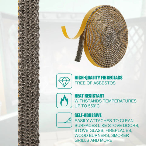NQEUEPN fireplace gasket rope seal, fiberglass, self-adhesive, 6.56 ft x 0.4 in x 0.08 in, for wood stoves and fireplaces