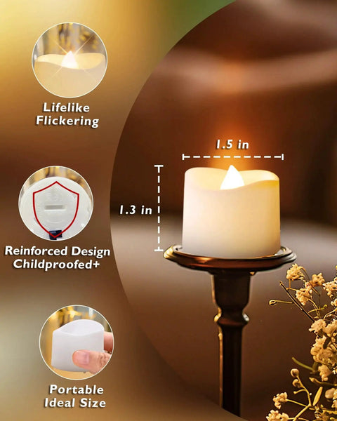 Flickering LED Tea Lights 24Pcs Battery Operated For Votive Centerpieces shown with dimensions and features.