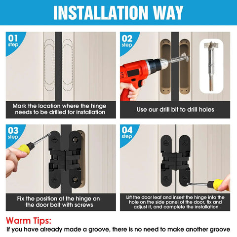 Installation steps for Hidden Cabinet Door Hinges 180 Degree Concealed Cross Hinges In Black Zinc Alloy 4 Pack For Frameless Cabinets.