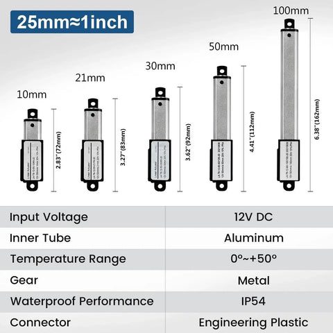 DC HOUSE mini 12V electric linear actuators lineup in varying strokes; aluminum tubes, metal gears; five units shown.