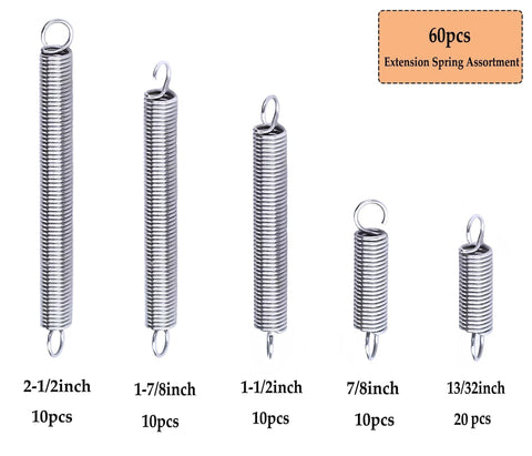 60pcs extension spring assortment kit, stainless steel, 0.035 inch wire, 1/4 inch OD, 13/32 to 2-1/4 inch lengths with hook ends