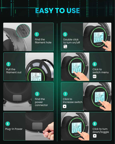 Diagram showing setup steps for Filament Dryer Box S2 with 360 degree heating, touchscreen instructions, and filament insertion details.
