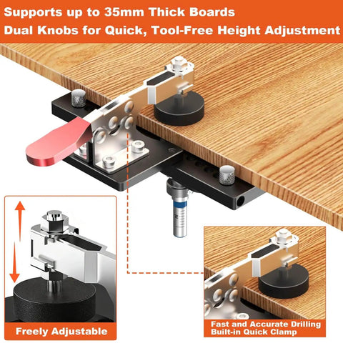 Concealed Hinge Jig With Quick Clamp And Dust Vacuum Adapter For 35mm Door Hinge Install, shown mounted on wood board.