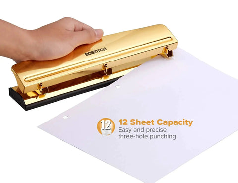 Gold 3 Hole Punch For 12 Sheets Durable Metal Office Punch With Stable Rubber Base in use punching paper