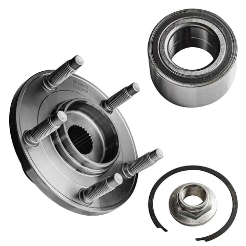 2 Front Wheel Bearing Hub Assemblies Kit For Ford Escape 2001 To 2012 Mazda Tribute 2001 To 2011 Mercury Mariner 2005 To 2011 With 5 Lug Hubs OEM Grade Replacement No Sweat Easy Install Front Wheel Bearings, including metal hub and bearing ring.