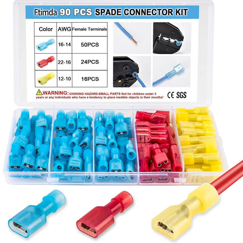 Ftimda 90 PCS insulated nylon female spade connectors set in blue, red, and yellow for 12-10, 16-14, 22-16 AWG.
