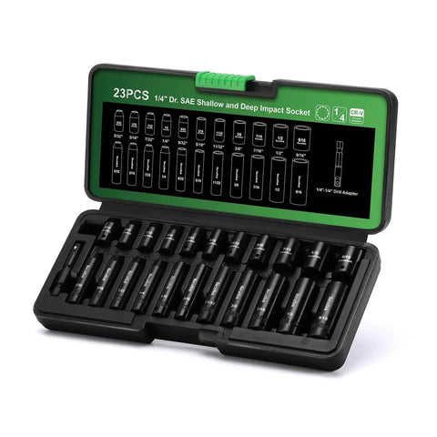 Heavy Duty 23-Piece 1/4 Inch Drive Socket Set With Deep And Shallow 12-Point Impact Sockets Cr-V Steel SAE 5/32 To 9/16 Inch