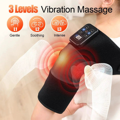 Woman using the Cordless Knee Massager With Heat And Vibration, 3 massage modes on shoulder, showing controls and heat effect