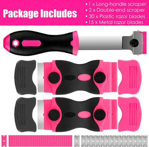 Pink Razor Scraper Kit With 3 Scrapers And 45 Replacement Blades Including 15 Metal And 30 Plastic Blades For Paint Adhesive Decal Stickers Glass Window Stovetop Cleanup Includes 1 Long Scraper And 2 Double Ended Scrapers