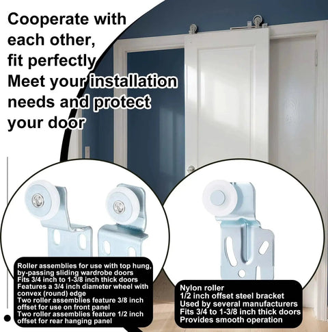 12 Piece Sliding Closet Door Roller Kit For Top Hung Bypass Wardrobe Doors With Three Quarter Inch Wheels In Two Offsets One Half Inch And Three Eighths Inch And Seven Eighths Inch Nylon Wheels With One Half Inch Offset, shown installed