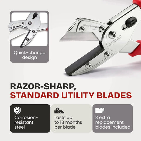 Close-up of versatile quick change utility cutter with razor sharp multicut blade for pros and DIY, showing blade and features.