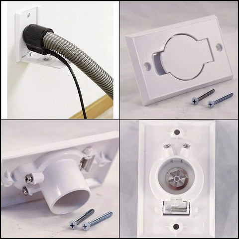 Central vacuum inlet valve with white wall plate and flexible metal hose

White wall plate with round central vacuum inlet door for Beam system

Close-up of white circular inlet valve and mounting screws for Beam central vacuum

Installed white central vacuum wall plate with circular inlet receptacle and connector