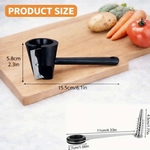 Spiral Vegetable Cutter Set With Stainless Steel Piranha Style Spiral Cutter And Carrot Curler Tool For Potatoes Cucumbers And Carrots Includes Flower Maker For Garnish And Decorative Dishes shown with dimensions on wooden board.