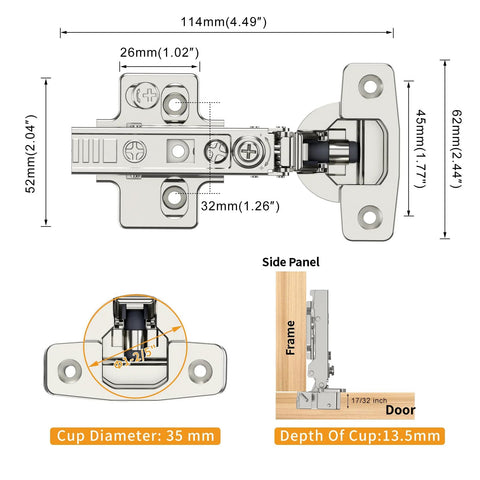 Chibery frameless full-overlay concealed cabinet hinge, satin nickel, soft-close, clip-on, 35mm cup, 105° open angle.