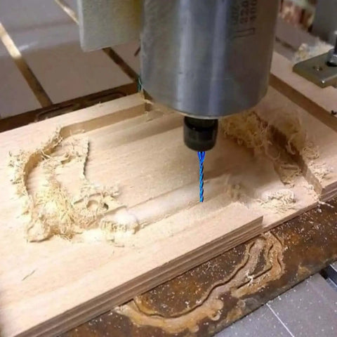 Extra Long Spiral CNC Router Bits Set, Cardibe End Mills, showing blue-coated bit cutting wood, close-up view