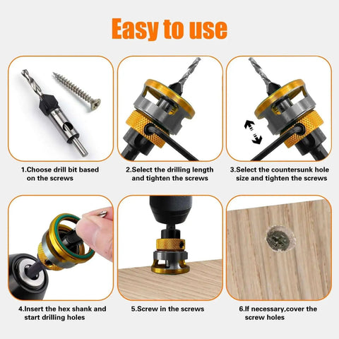 Step-by-step guide on using Countersink Drill Bit Set With Depth Stop And L Shape Wrench in woodworking projects.