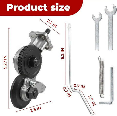 Electric Drill Plate Cutter Nibbler For Sheet Metal with dimensions, steel-aluminum construction, wrench, spring, and rod included.