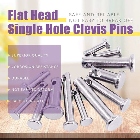 304 Stainless Steel Clevis Pin Set Kit, 64 Pieces, M3 M4 M5, 12 Pin Types Including Flat Head With Hole, T Shape And Round Pins, Durable Hardware Assortment In Clear Plastic Box For Tools And Projects, shown flat head single hole clevis pins.