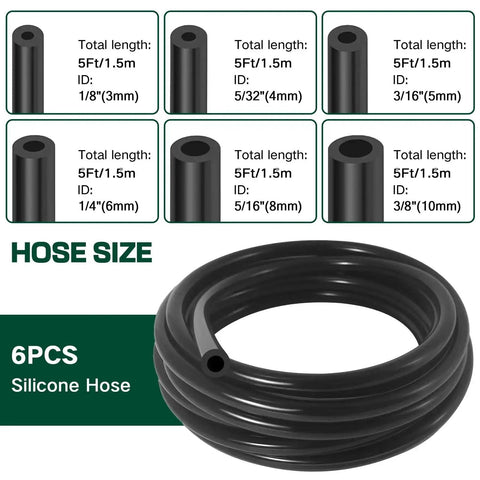 Garage-Ready Car Vacuum Hose Kit Set With 6 Five-Foot Hoses And 113 Connectors, shown with hose sizes and IDs